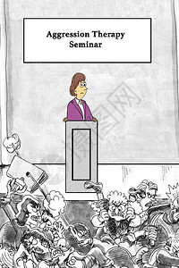 卡通插图说明一名发言者在侵略治疗研讨会上失去对听众的控制图片