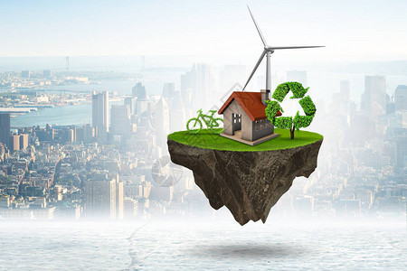 绿色能源概念中的飞行漂浮岛屿背景图片