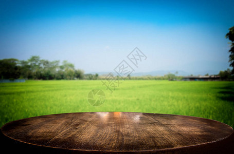 选中的空焦距棕色木制桌和玉米田或草地模糊背景图片