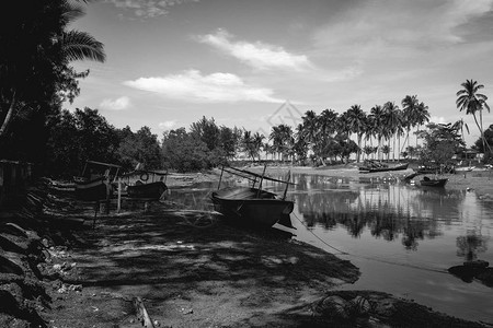 马来西亚登嘉楼传统渔村在退潮时的美丽自然黑白图像图片