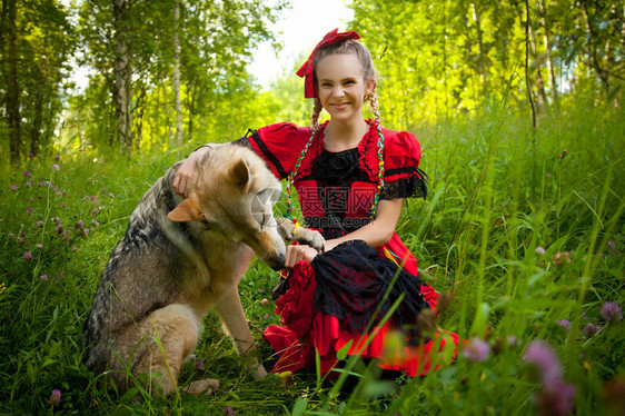 穿着红裙子的漂亮女孩和狗狼一起坐在图片