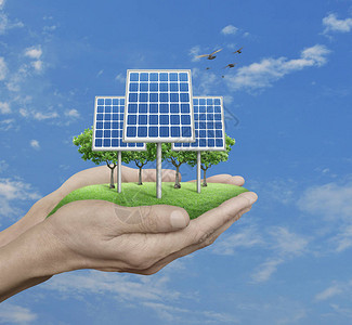 人手树草太阳能电池蓝天白云鸟生态概念图片