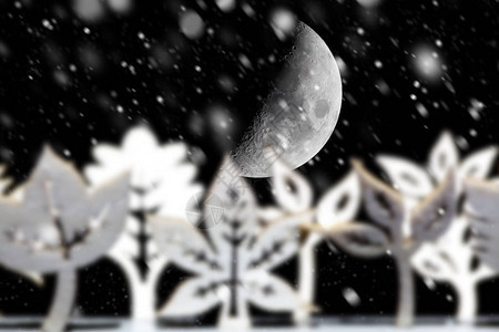 月光照耀着幻想的冬天场景和雪落在艺术图片