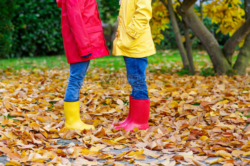 两个小孩穿着五颜六色的雨衣和服在秋天的公园里穿着红色和黄色的橡胶靴玩耍孩子们穿着鞋子在秋天的落叶和树叶中跳舞和行走的双图片
