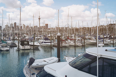 在奥克兰港口的游艇与城市天际线和奥克兰天空塔图片