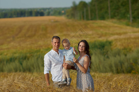 幸福的家庭穿过麦田母亲父亲和小男孩一起在户外休闲夏天草甸图片