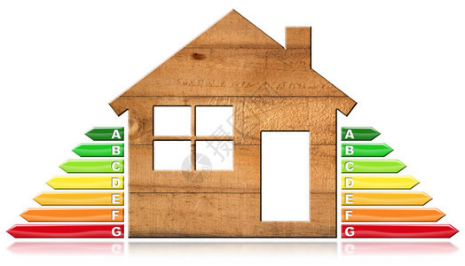 能源效率具有能源效率等级的木屋形状符号的3D插图在白图片
