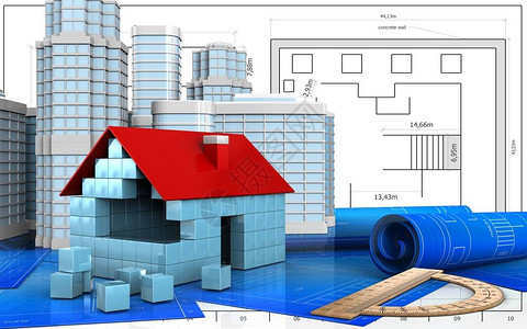 3d以蓝图背景为背景的城镇建筑区块建图片