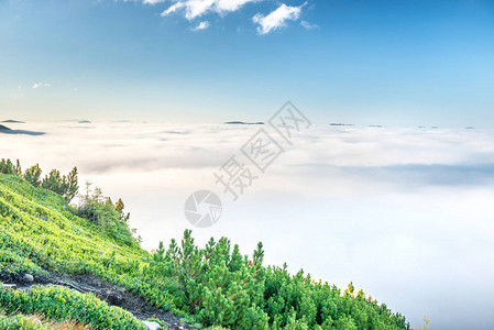 云中的青山日落时雾中青山的景观图片