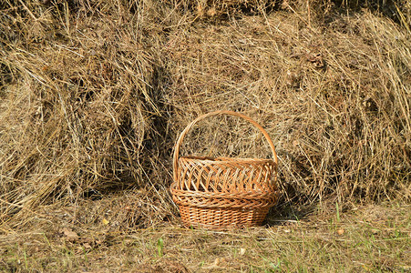 Wicker野餐篮和干草堆阳光夏日美图片