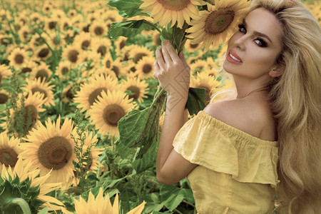 美丽的金发美女站在有向日葵的草地上图片