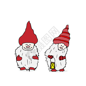 卡通可爱人物长胡子和长帽子的TrollsGnomes大纲集圣诞节有趣的人物背景