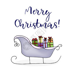 圣诞老人雪橇上送礼物白色背景的图片