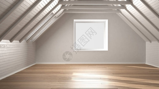 空荡的房间阁楼镶木地板和木天花板梁建筑图片