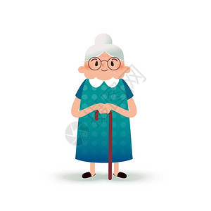 带拐杖的卡通快乐祖母戴眼镜的老女人白色背景的平面图画图片