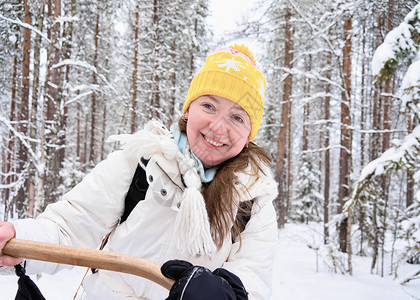 芬兰拉普兰州罗瓦涅米森林中骑着哈斯基犬的妇女滑图片