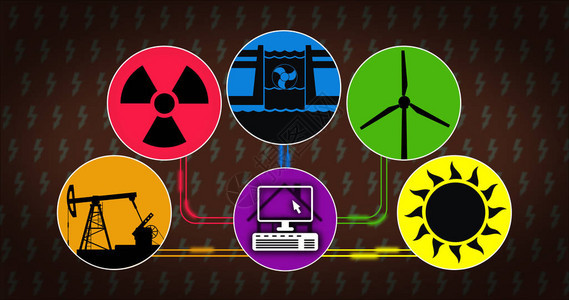 电力生产和能源消费概念具有能风能水电核能和化石燃料技术图标的能源图片