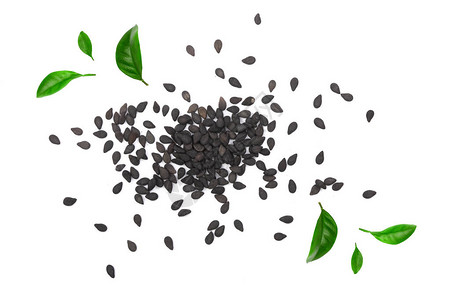 黑芝麻用绿叶装饰白色背景顶部景观图片素材