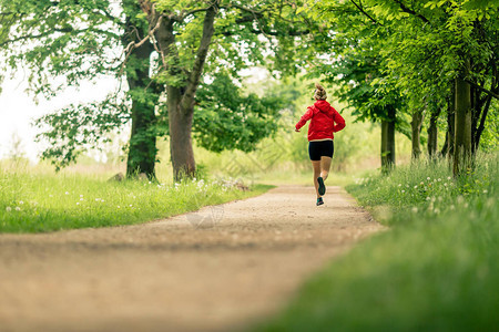 跑步的女人在公园里享受夏日耐力训练慢跑或动力步行女员户外体育活动的概念图片