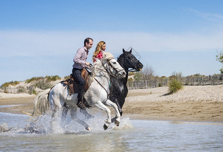 妇女和男子骑马与她的种马在海滩上背景图片