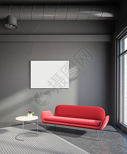 灰色阁楼客厅内装有混凝土地板红色沙发和后面的咖啡桌图片
