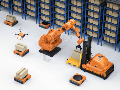3d渲染自动化机器人在仓库中的自动仓库概念背景图片
