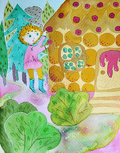 汉塞尔在森林里吃甜屋的水彩原画背景图片