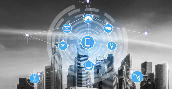 智能城市无线通信网络具有图形显示物联网和信息通信技术Ict在背景下对现代城市建筑的概念图片