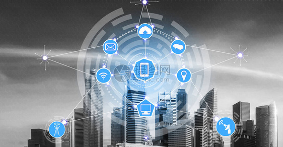 智能城市无线通信网络具有图形显示物联网和信息通信技术Ict在背景下对现代城市建筑的概念图片