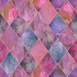 水彩艺术抽象几何格子无缝图案与闪光轮廓水彩画的彩色粉红色背景豪华的闪闪发光的纹理纺织壁纸包装印花图片