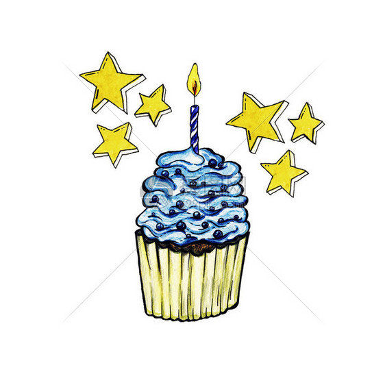 蓝色奶油蛋糕一根蜡烛蛋糕糖霜糕点和黄色星面包店隔离设计生日快乐派对庆祝礼物和周年纪图片