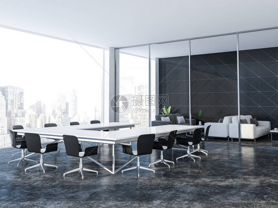黑色三角形瓷砖会议室内部设有全景窗户灰色地板和白色桌子图片