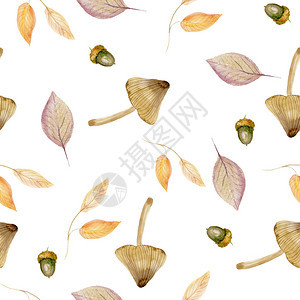橙色米色棕色勃艮第和黄色的蘑菇橡子和秋叶的无缝图案非常适合礼品纸图案填充网页背景秋季贺卡设背景图片