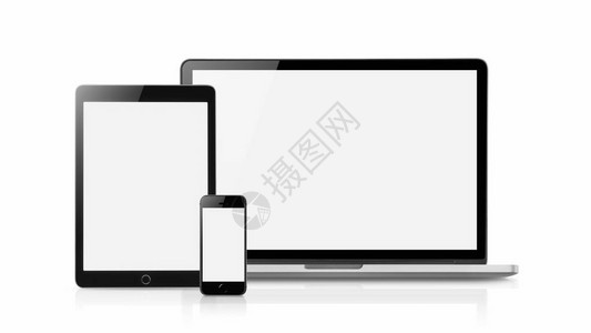 笔记本电脑智能手机和平板样机空白屏幕上的白色背景概念样机Copyspace文本图片