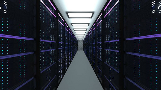 现代器机房内部数据中心网络网络和互联网通信技术大数据存储和云概念3d渲染图片