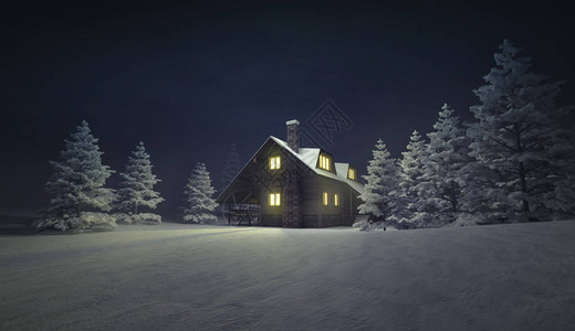 冬季平静景观的照明木屋冬季户外风景图片