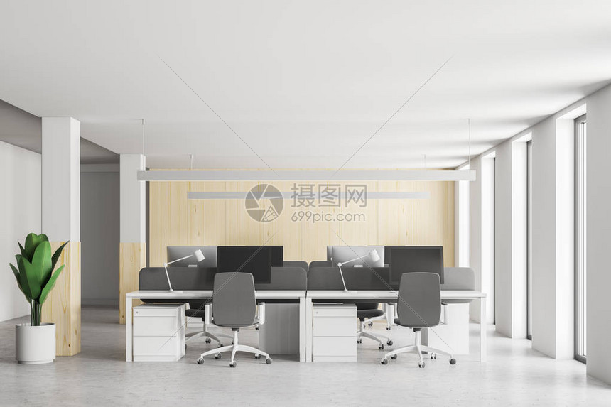 时尚的木头和白墙办公室内部的正面图高清图片下载-正版图片507458100-摄图网