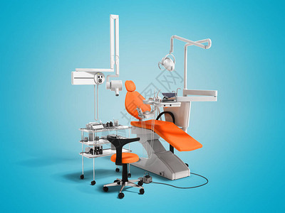 用于牙科治疗的现代橙色牙科设备3d以蓝色背景图片