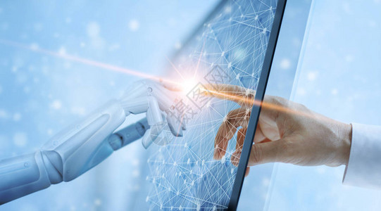 机器人的手和人类触摸全球虚拟网络连接的未来接口人工智能技术概念背景图片