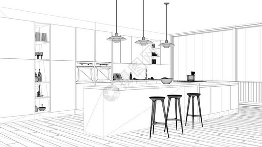 室内设计项目黑白墨水素描建筑蓝图展示了带岛屿和大全景窗户的极简厨房镶图片