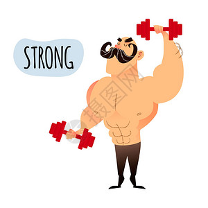 强壮的肌肉男在健身房用哑铃举重健康的生活方式概念健美运动员扁平的男角色可爱的卡通运动图片