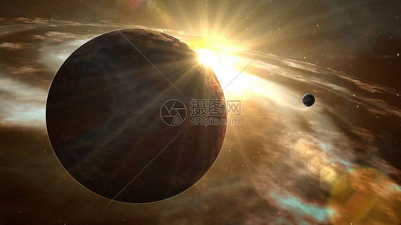 系外行星日出耀斑和宇宙探索遥远星系中恒星行星和云气体云的逼真3D从地球概念3D插图到图片