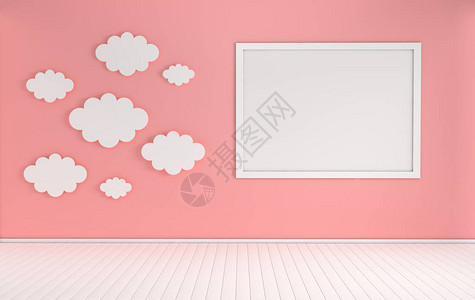 带有模拟相框和纸云装饰的托儿所内部白色和粉红色的颜色3d渲染舒适的儿童房图片