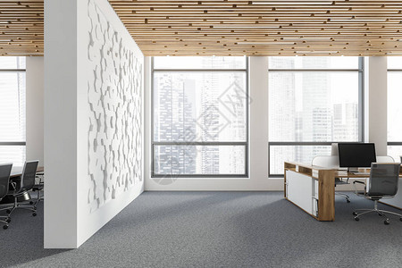 现代办公室的内部有白色六角形图案的墙壁铺有地毯的地板白色和木制的电脑桌以及左侧的会议室图片