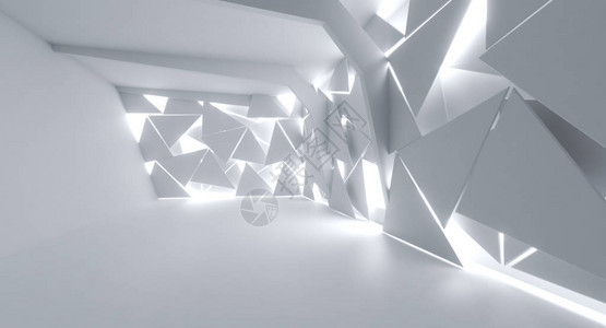 未来内务将白色抽象三角形板装饰成有自然光的空背景图片