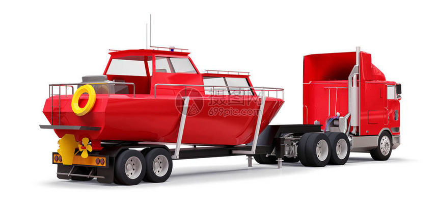 大红色卡车有一辆拖车运送一艘白色背景图片