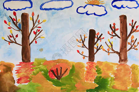 彩色秋季儿童画与树木黄叶和云彩在秋天用树云画水彩风景美丽的自然图片