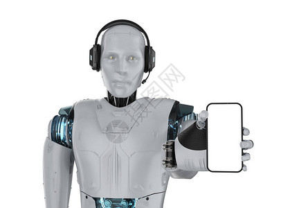 聊天机器人概念与3d渲染类人机器人与耳机持有图片