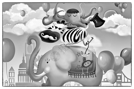 快乐动物朋友卡黑白版大象斑马章鱼逼真的卡通风格景壁纸背图片