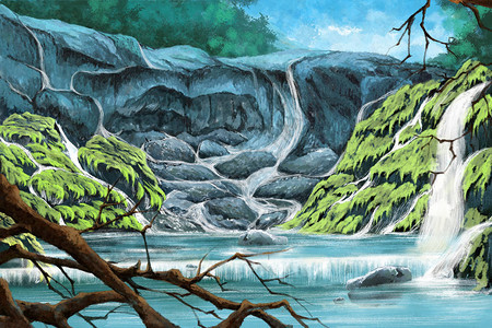 森林里面的石崖水彩风格背景图片